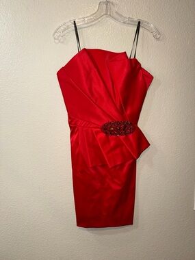 Red Strapless Satin Mini Dress with Jeweled Waist Detail